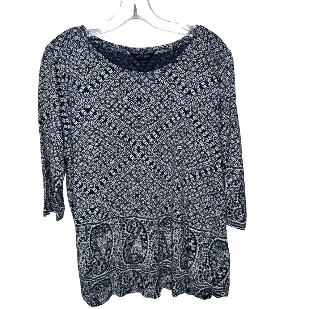 Lucky Brand Womens 1X Navy White Paisley Geometric 3/4 Sleeve Scoop Neck Top